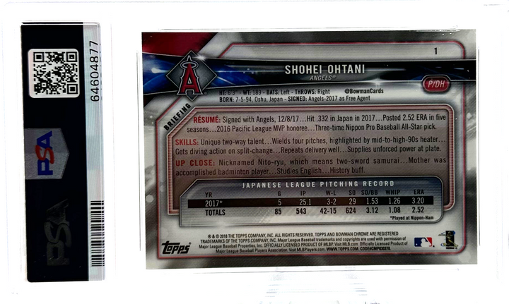 2018 Bowman Chrome - Shohei Ohtani 1 - Batting - PSA 10