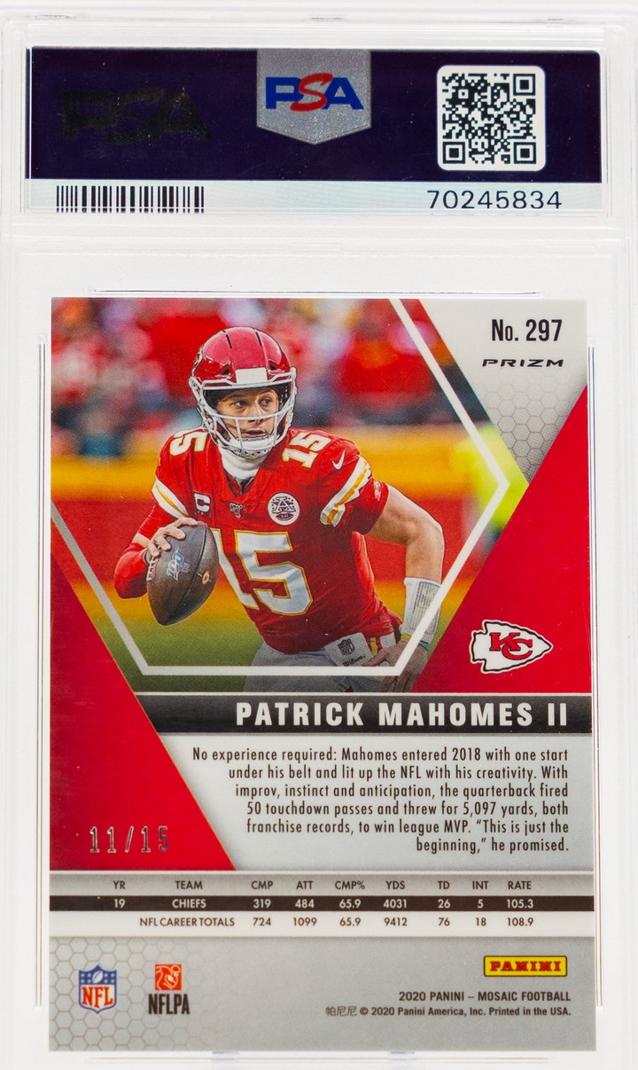 2020 Panini Mosaic - Patrick Mahomes II 297 - Blue Fluorescent /15 - PSA 10