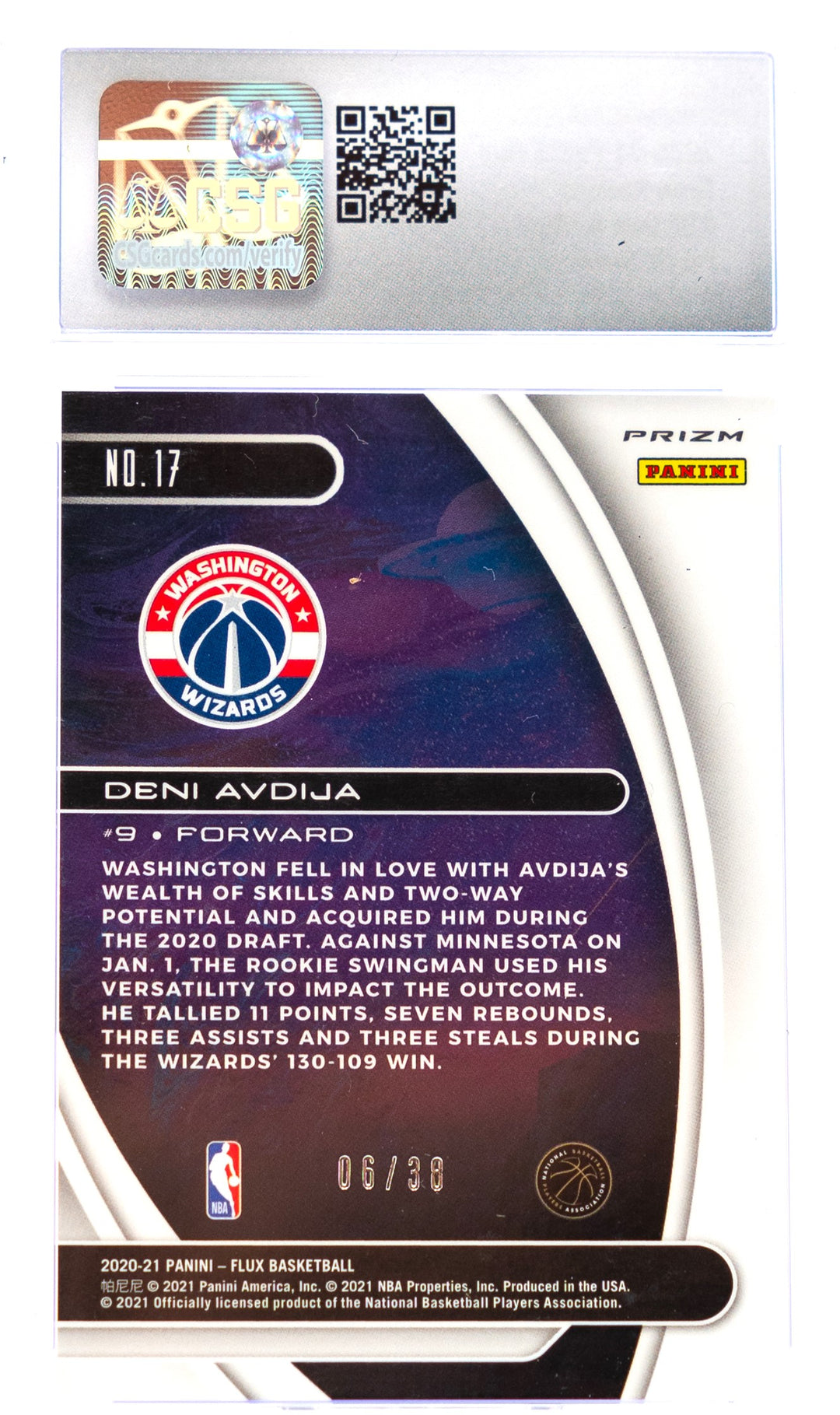 2020-21 Panini Flux - Deni Avdija 17 - Purple Scope /38 - CSG 10