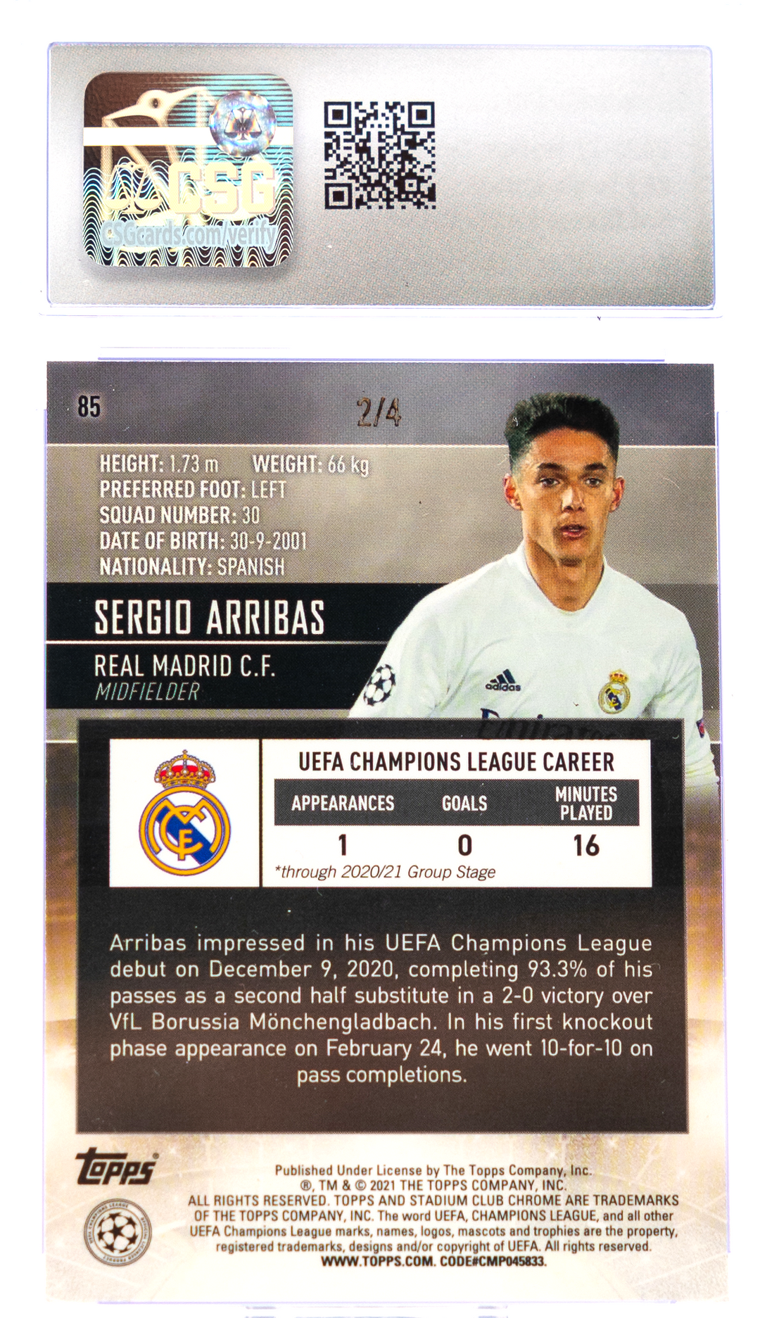 2020-21 Topps Stadium Club Chrome UCL - Sergio Arribas 85 - Red Orange Electric /2 - CSG 10