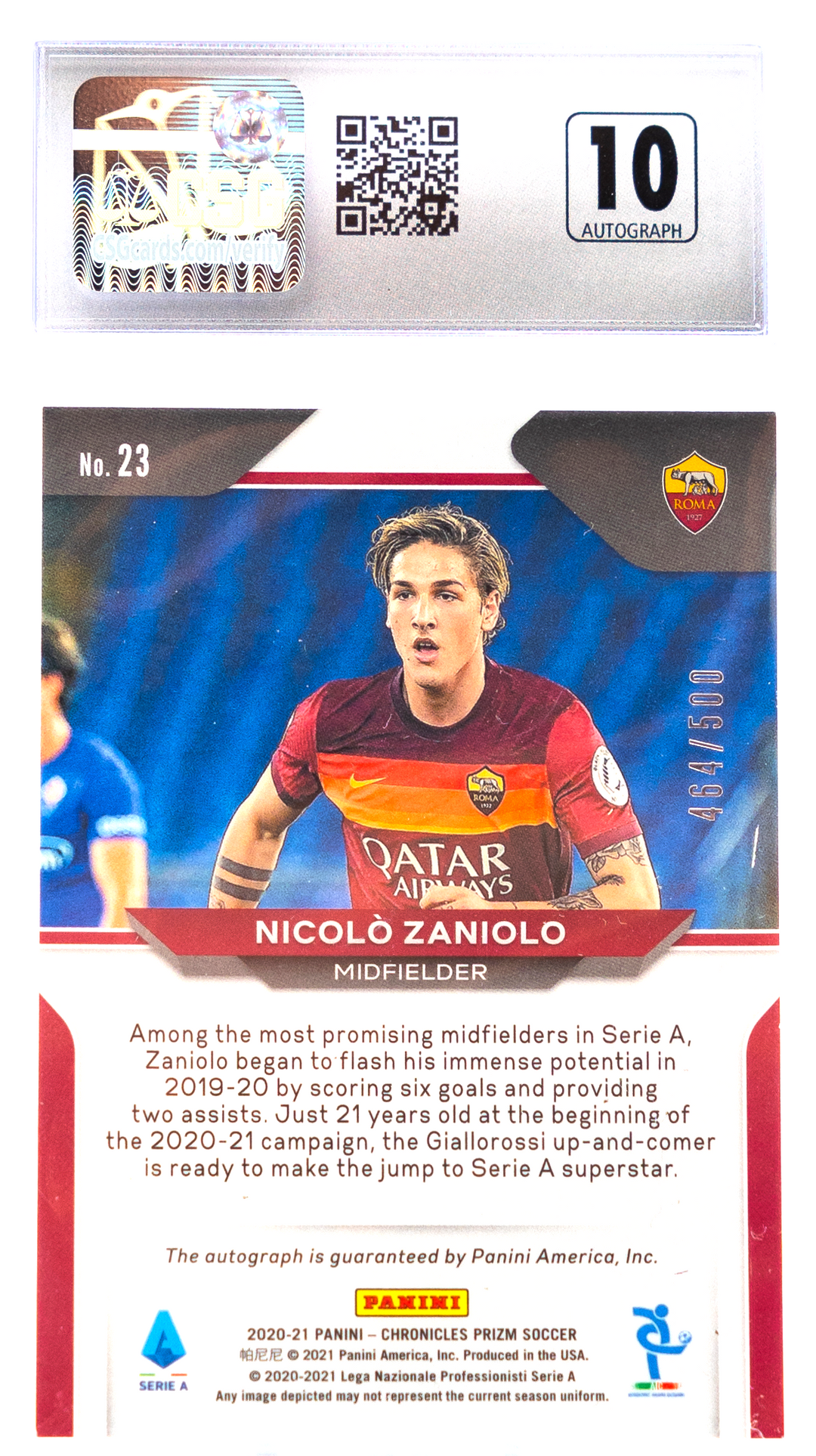 2020-21 Panini Chronicles - Nicolo Zaniolo 23 - Auto /500 - CSG CGC 10