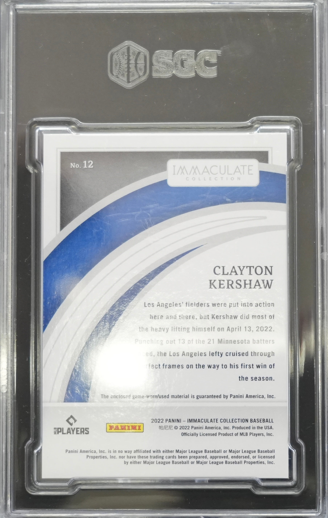 2022 Panini Immaculate Collection - Clayton Kershaw 12 - Blue Material /25 - SGC 9.5