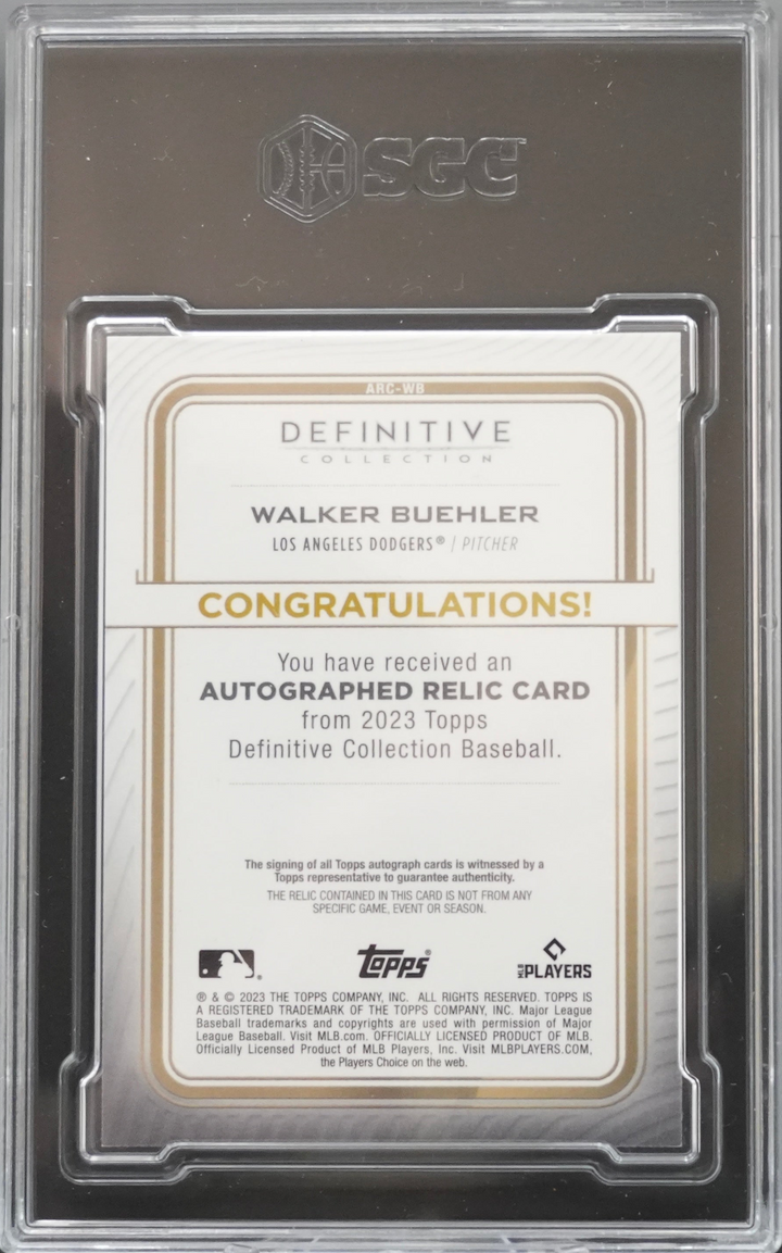 2023 Topps Definitive Collection  - Walker Buehler ARC-WB - Green Autographed Relic /25 - SGC 10 / 10