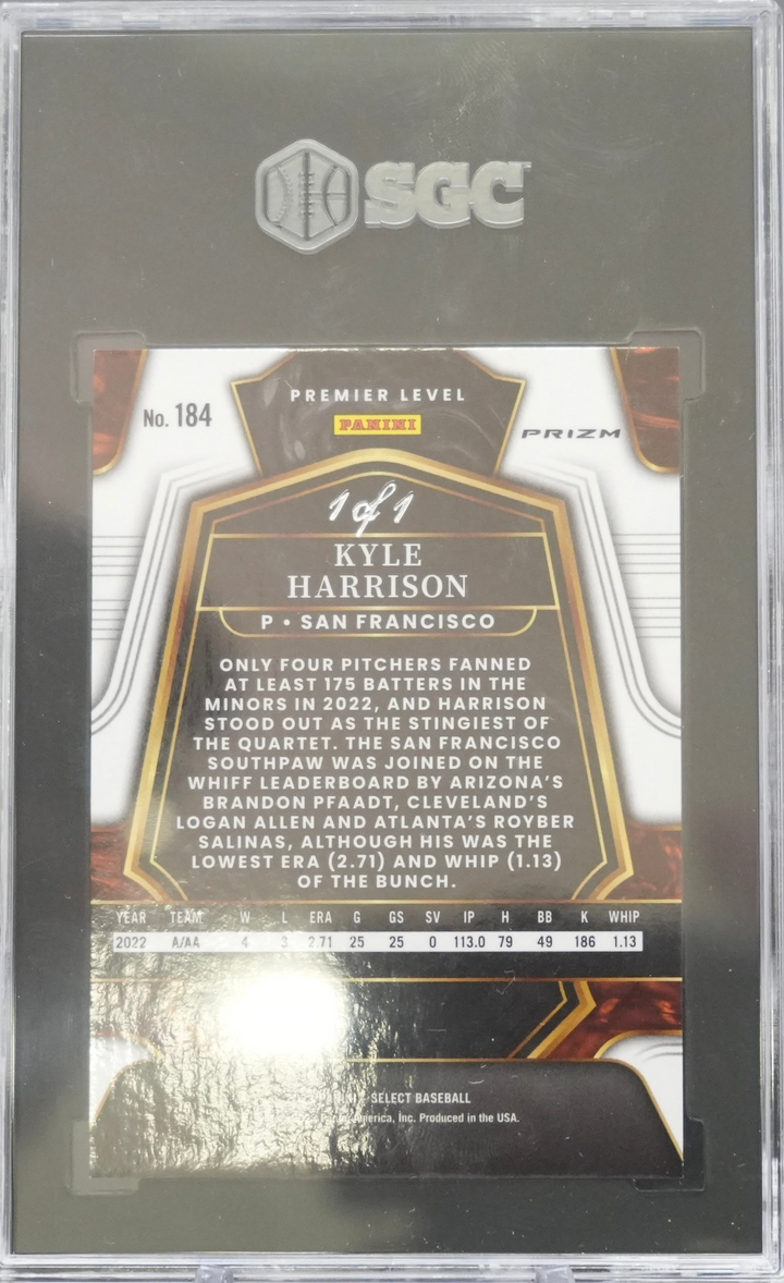 2023 Panini Select - Kyle Harrison 184 - Black Snakeskin Pulsar 1/1 - SGC 9