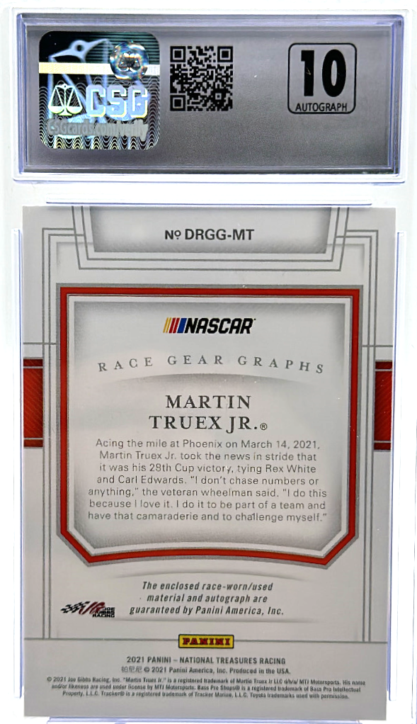 2021 Panini National Treasures - Martin Truex Jr. DRGG-MT - Dual Race Gear Graphs Autos /25 - CSG CGC 10 / 10