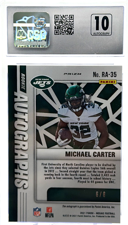 2021 Panini Mosaic - Michael Carter RA-35 - Black Gold /8 - CSG CGC 10 / 10