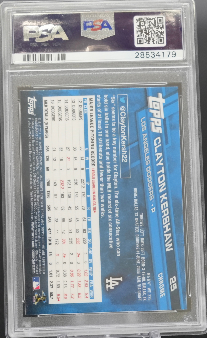 2017 Topps Chrome - Clayton Kershaw 25 - With Hat - PSA 10