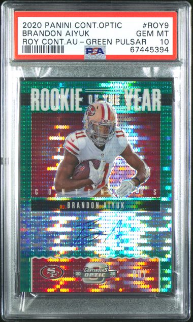 2020 Panini Contenders Optic - Brandon Aiyuk ROY9 - Rookie of The Year Green Pulsar Auto /27 - PSA 10