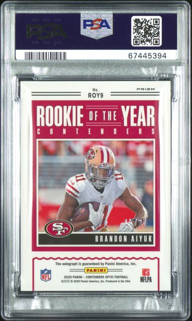 2020 Panini Contenders Optic - Brandon Aiyuk ROY9 - Rookie of The Year Green Pulsar Auto /27 - PSA 10