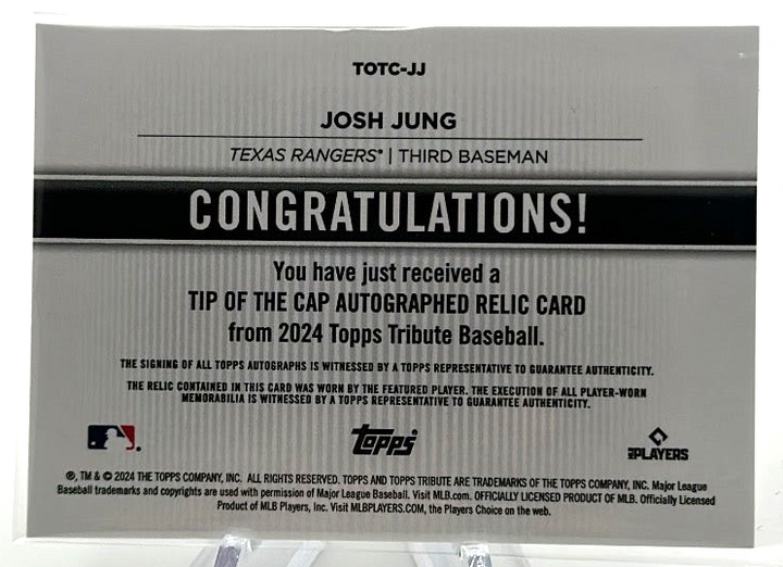 2024 Topps Tribute - Josh Jung TOTC-JJ - Tip Of The Cap Autograph /25