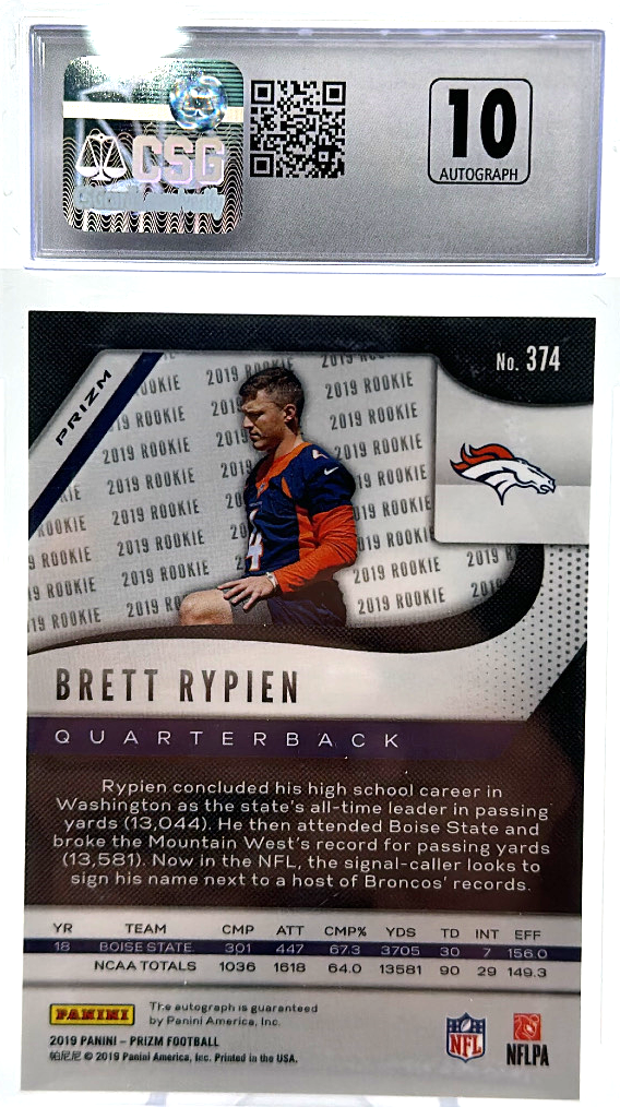 2019 Panini Prizm - Brett Rypien 374 - Silver Rookie Autograph - CSG CGC 9.5 / 10