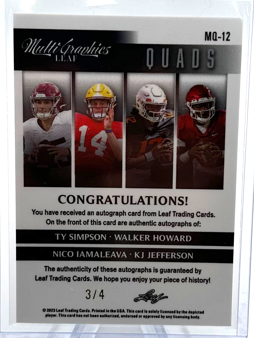 2023 Leaf Electric Football - Ty Simpson Walker Howard Nico Iamleava KJ Jefferson - Blue Quad Auto /4