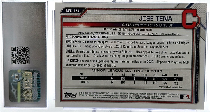 2021 Bowman 1st Edition - Jose Tena BFE-128 - Blue Foil /150 - CSG CGC 10