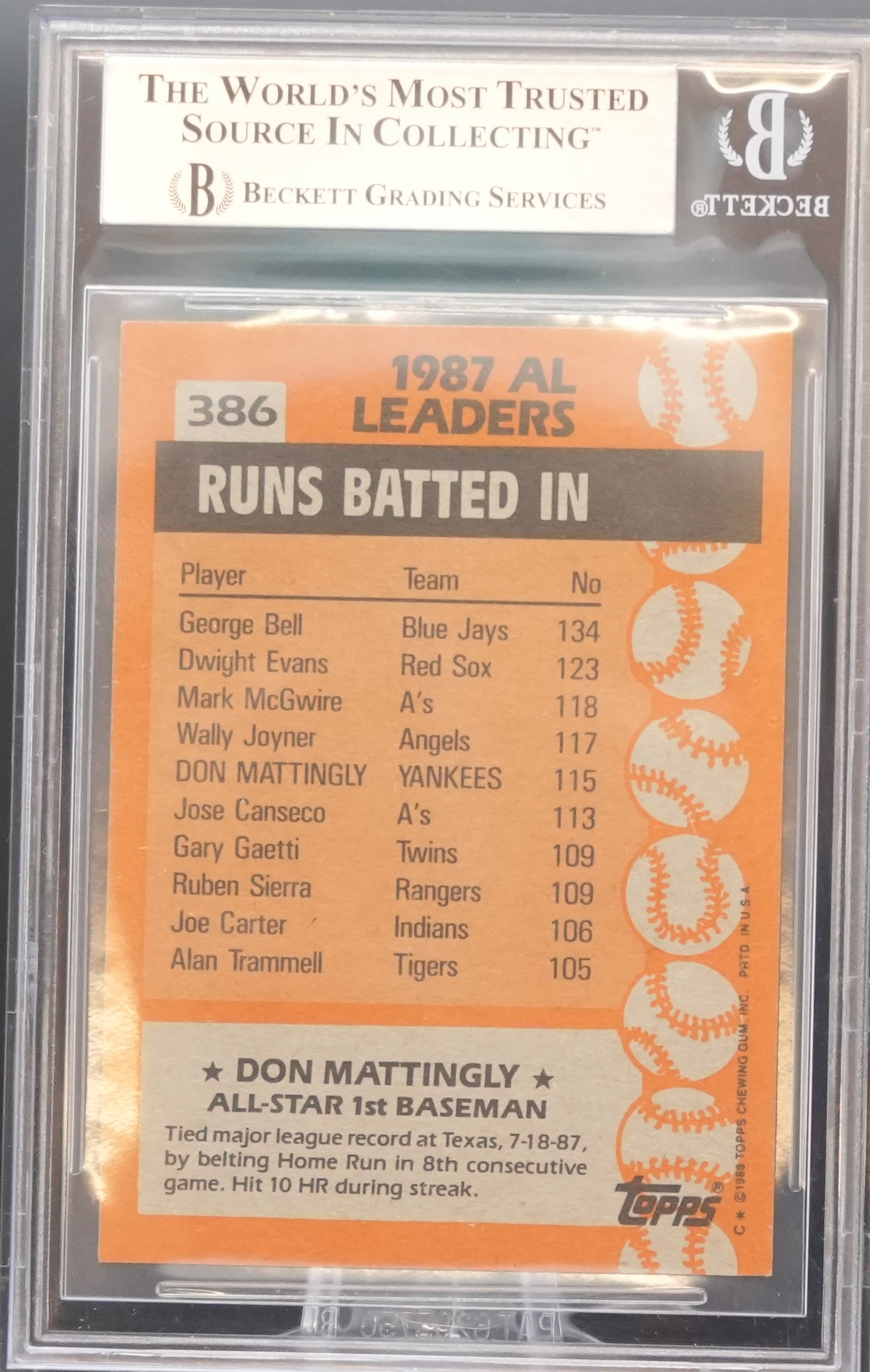 1988 Topps - Don Mattingly 386 - BGS Authentic Auto