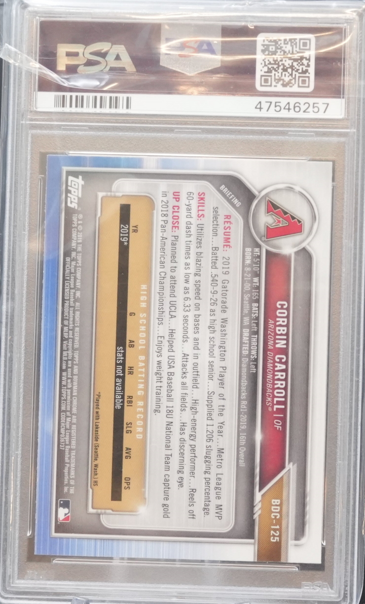 2019 Topps Bowman Draft - Corbin Carroll BDC-125  - Chrome Sapphire - PSA 9