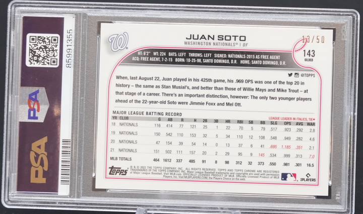 2023 Topps Gilded - Juan Soto 143 - Mini Diamond Gold Etch /50 - PSA 10