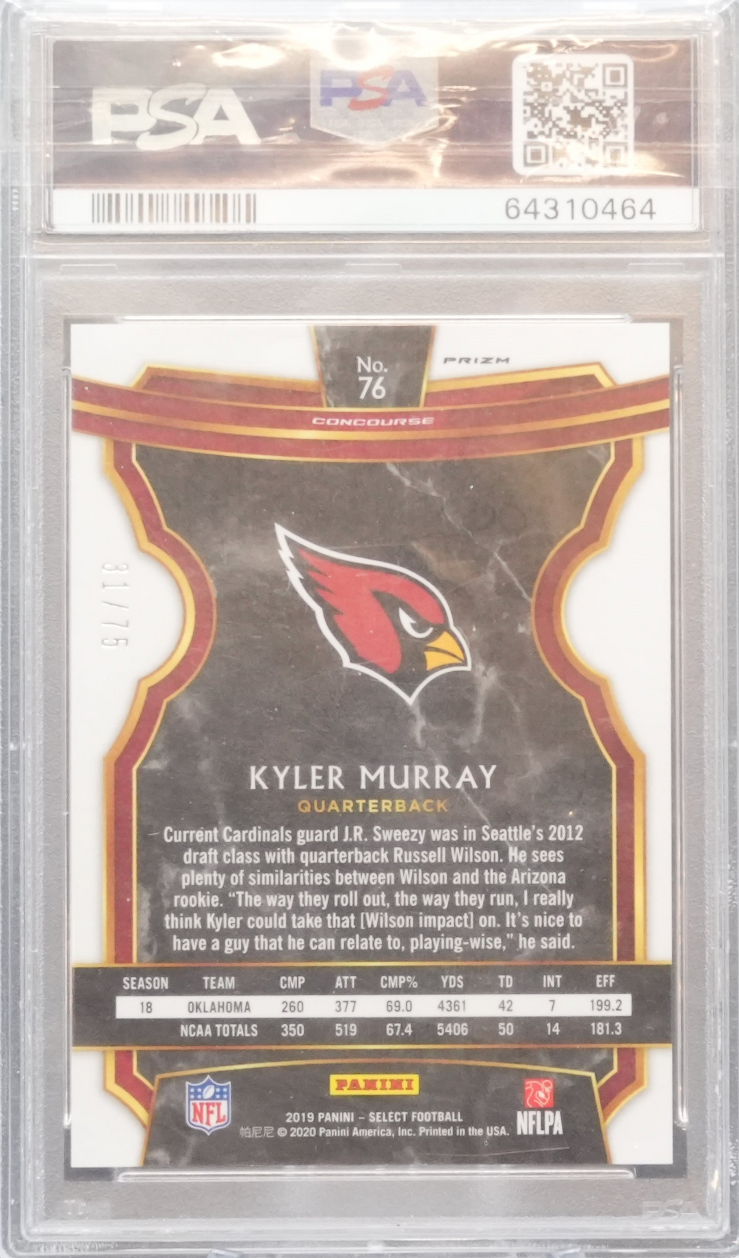 2019 Panini Select Football - Kyler Murray 76 - Purple Prizm /75 - PSA 10