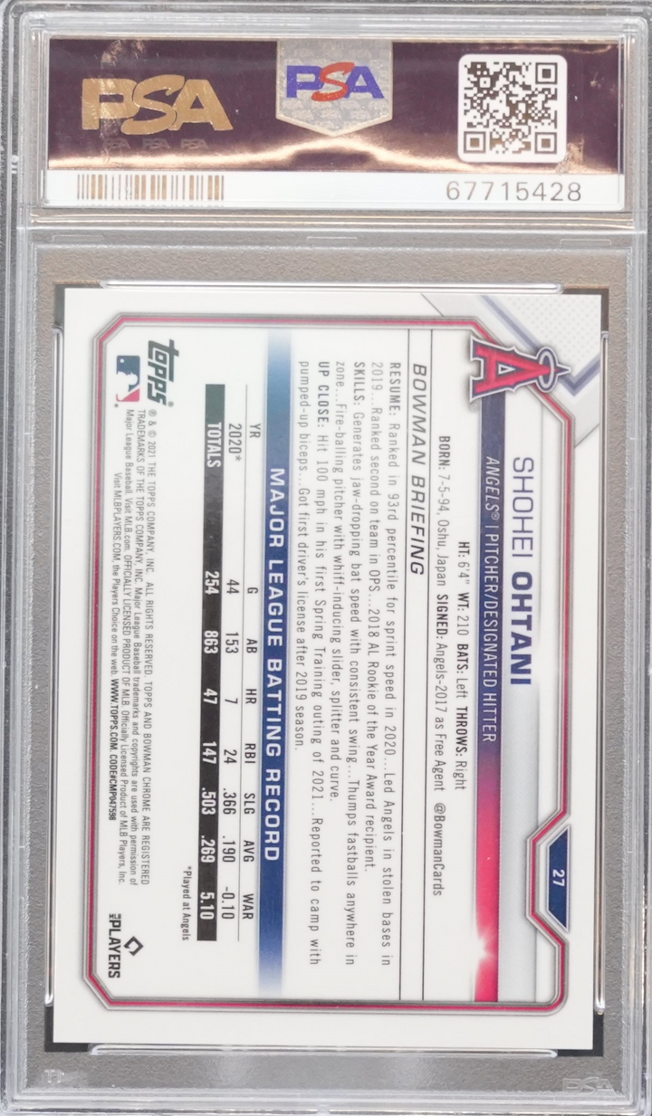 2021 Topps Bowman Chrome - Shohei Ohtani 27 - Blue Refractor /150 - PSA 10