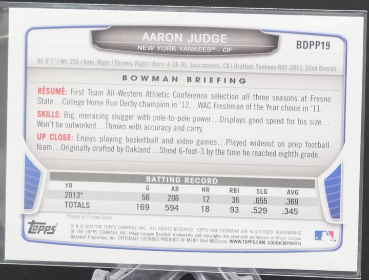 2013 Topps Bowman Baseball - Aaron Judge BDPP19 - Bowman Paper