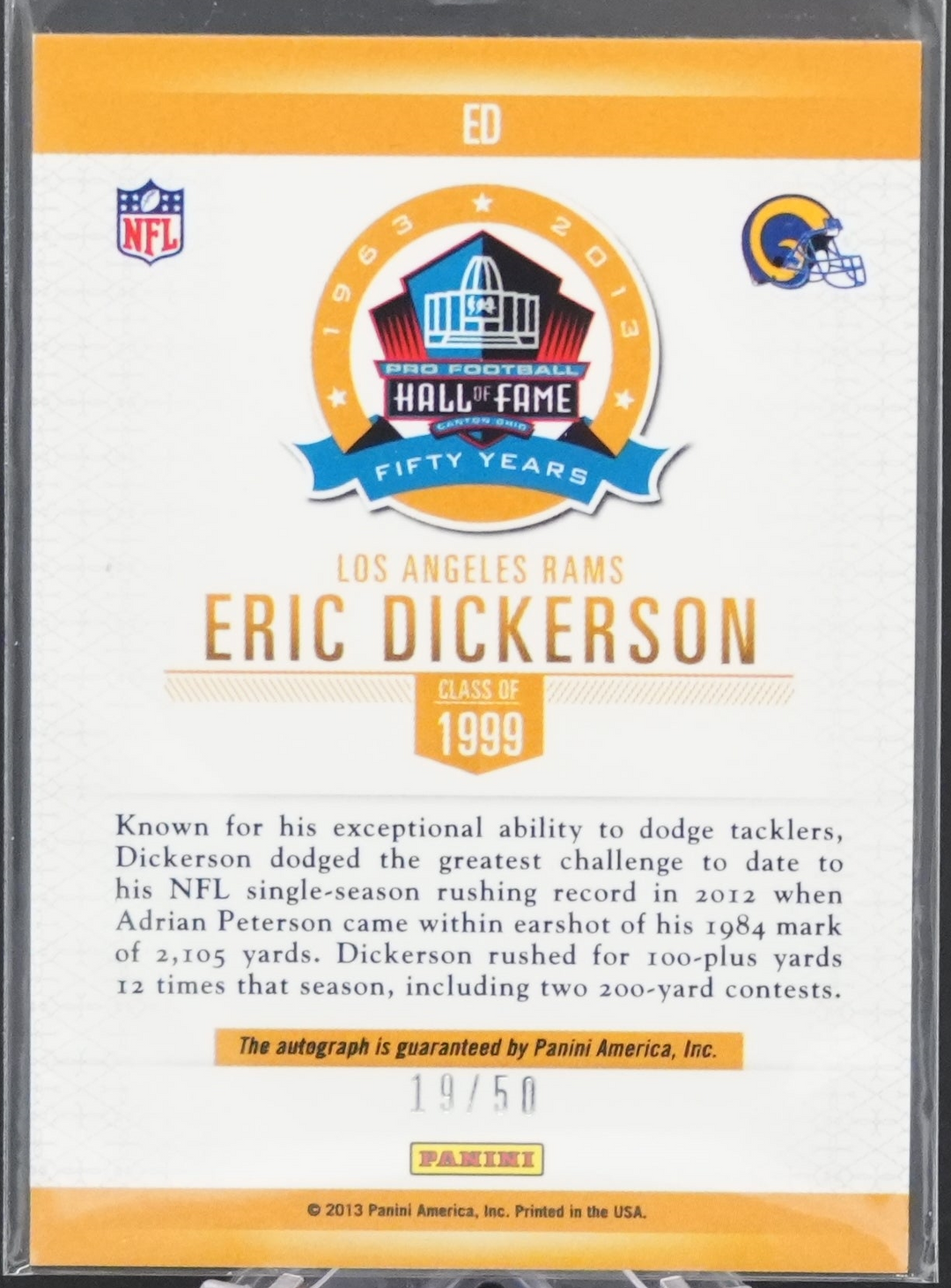 2013 Panini Football - Eric Dickerson ED - Hall of Fame Auto /50