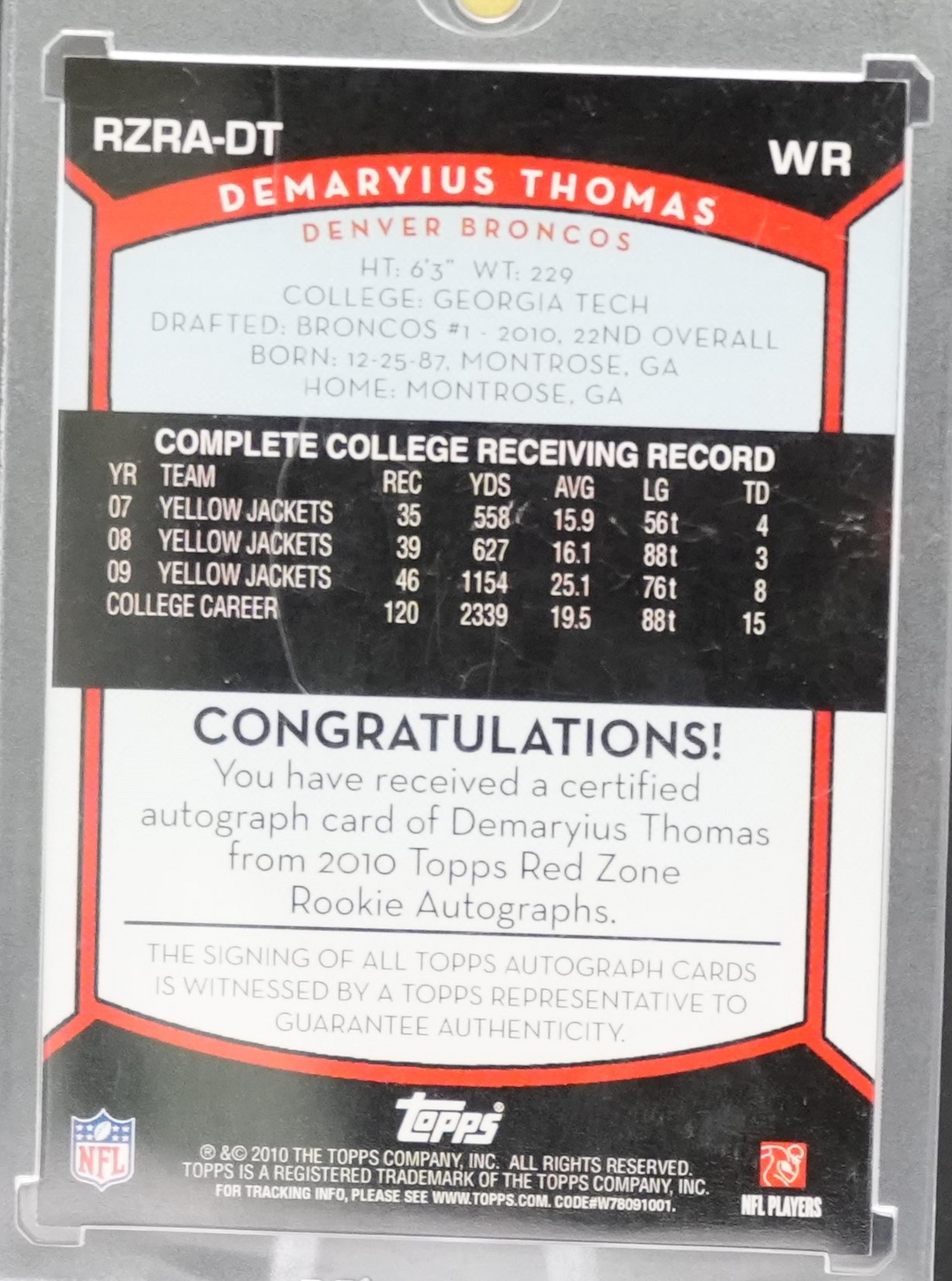 2010 Topps Football - Demaryius Thomas RZRA-DT - Red Zone Auto /100