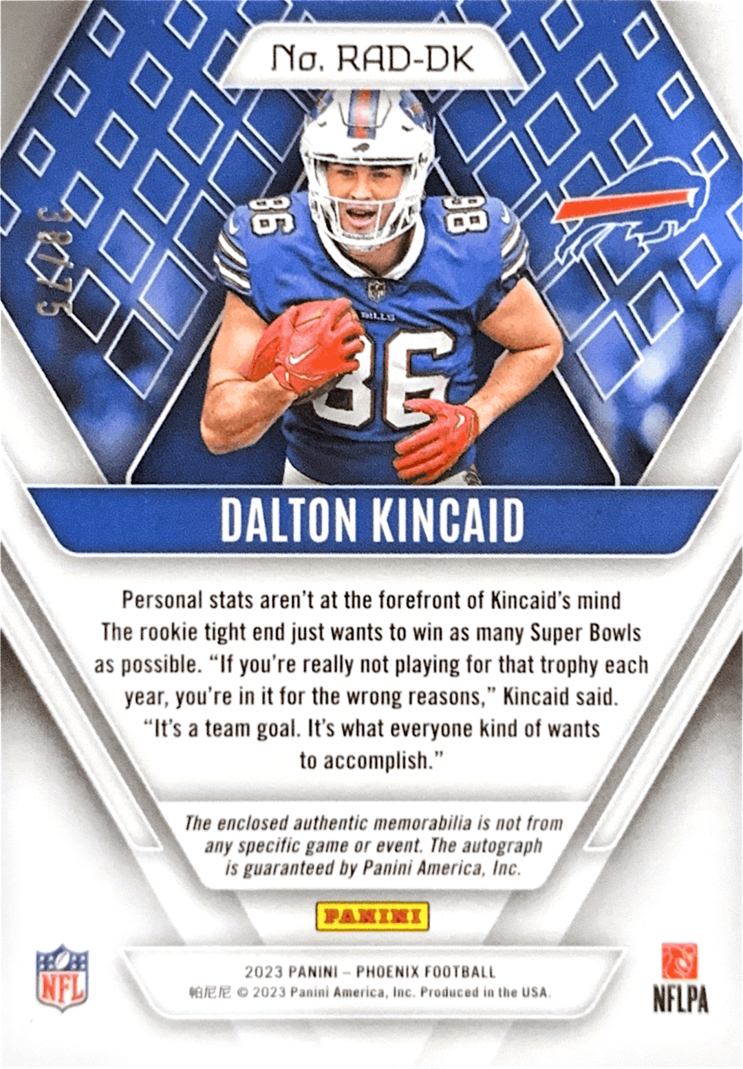 2023 Phoenix Dalton Kincaid Prime Dual Patch Auto /75 #RAD-DK RC
