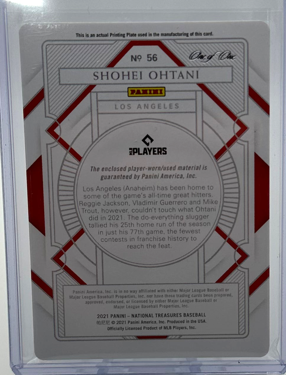 2021 Panini National Treasures Baseball - Shohei Ohtani 56 - Printing Plate Patch 1/1