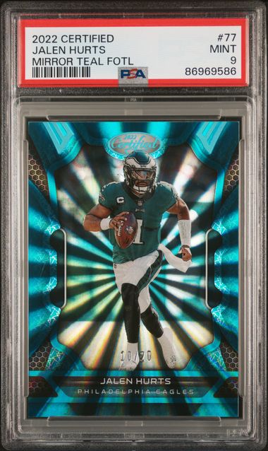 2022 Panini Certified - Jalen Hurts 77 - Mirror Teal Fotl /20 - PSA 9