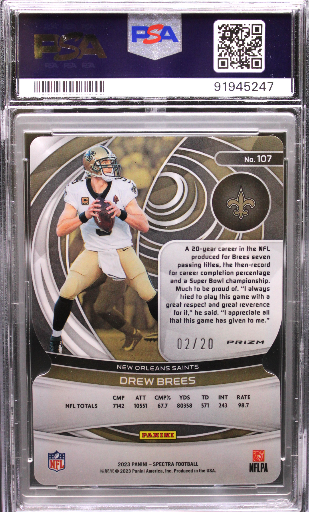 2023 Panini Spectra Football - Drew Brees 107 - Neon Pink Die Cut /20 - PSA 9