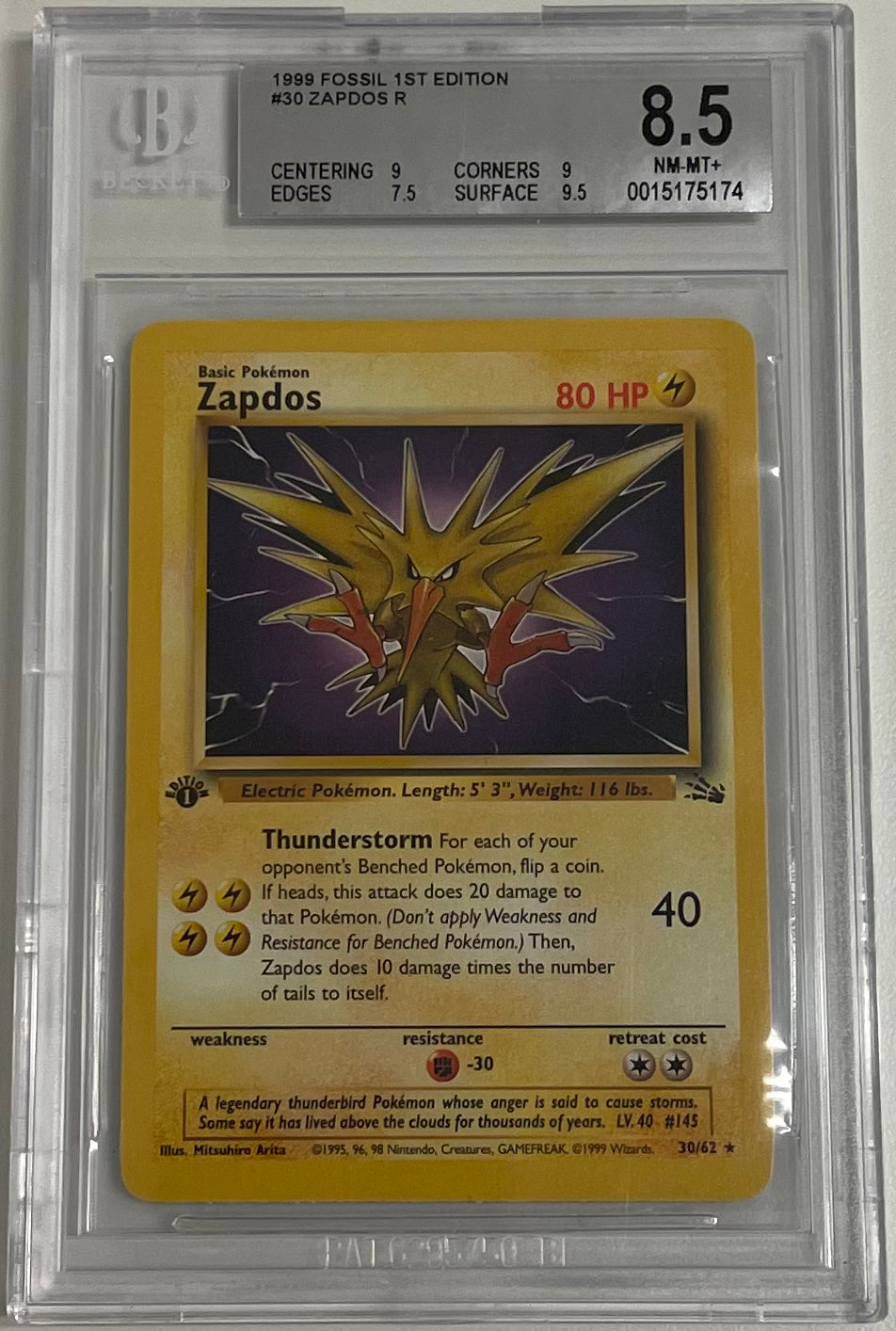 Zapdos 30/62 1st Edition - Fossil - 1999 Pokemon - BGS 8.5