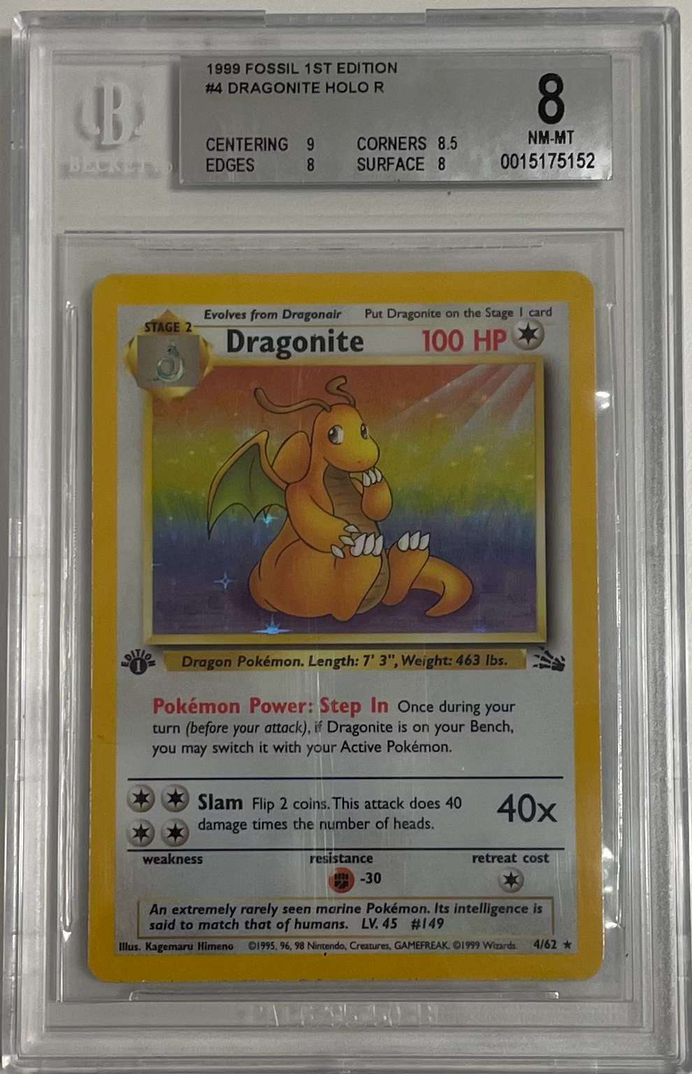 Dragonite 4/62 1st Edition - Fossil - 1999 Pokemon - BGS 8