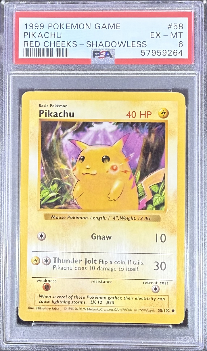 Pikachu Red Cheeks Shadowless #58 Base Set - 1999 Pokemon - PSA 6