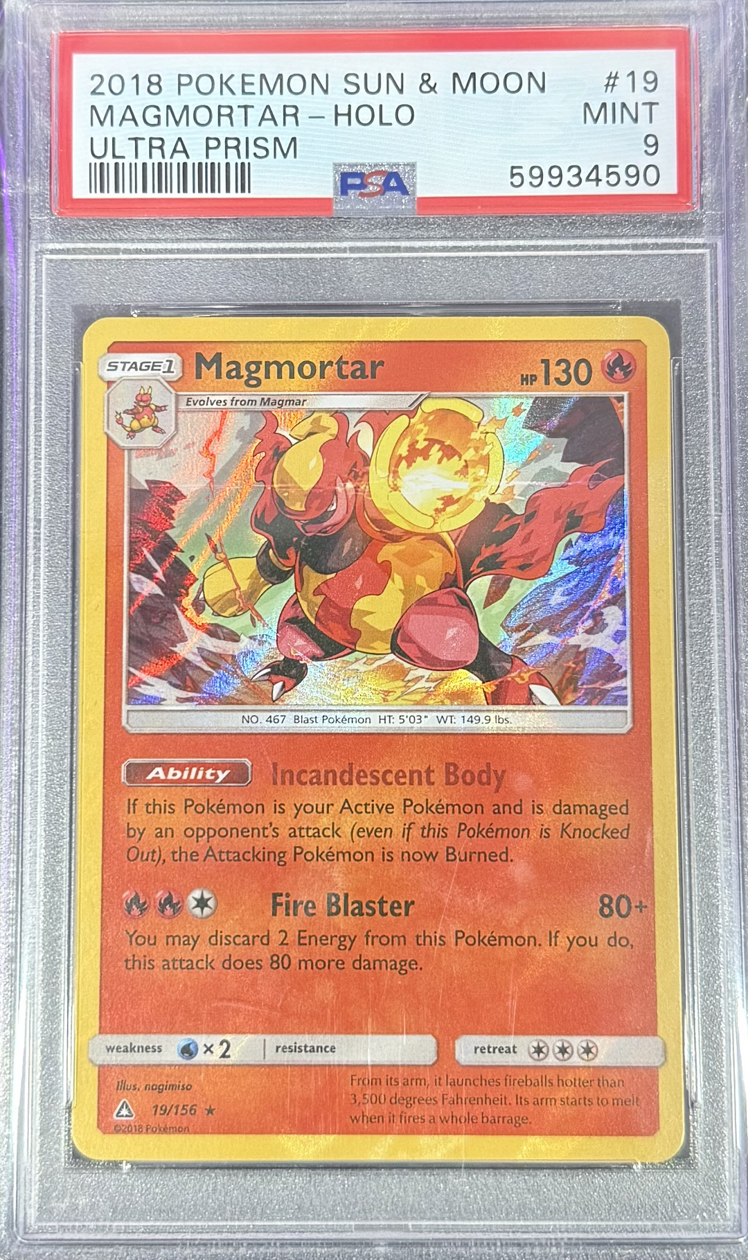 Magmortar - Holo #19 Ultra Prism - 2018 Pokemon Sun & Moon - PSA 9