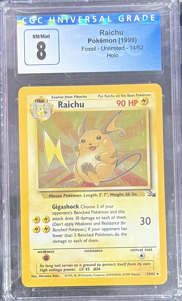 Raichu 14/62 Fossil Unlimited Holo - Pokemon (1999) - CGC 8