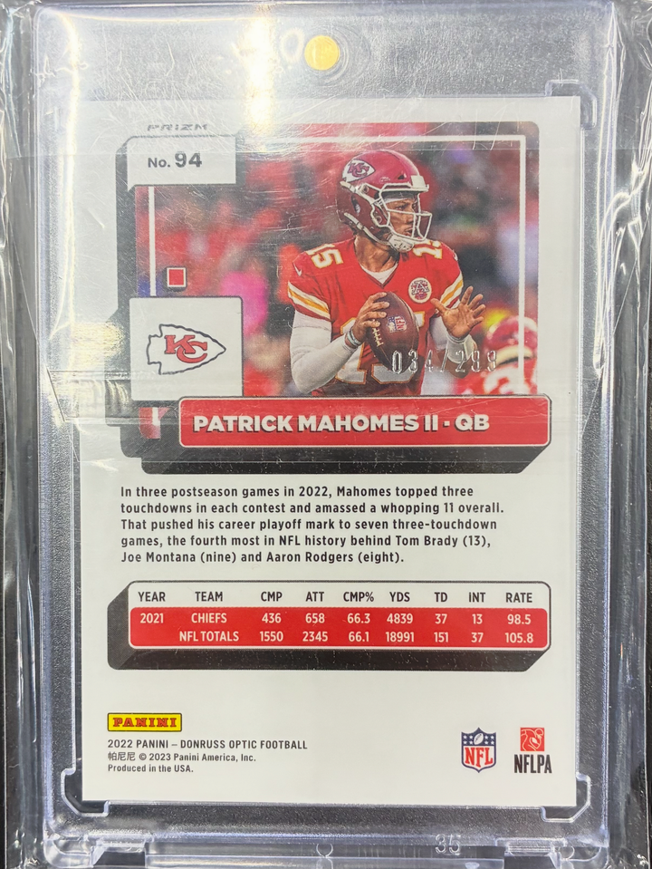 2022 Panini Donruss Optic Patrick Mahomes II #94 Teal Prizm 034/299