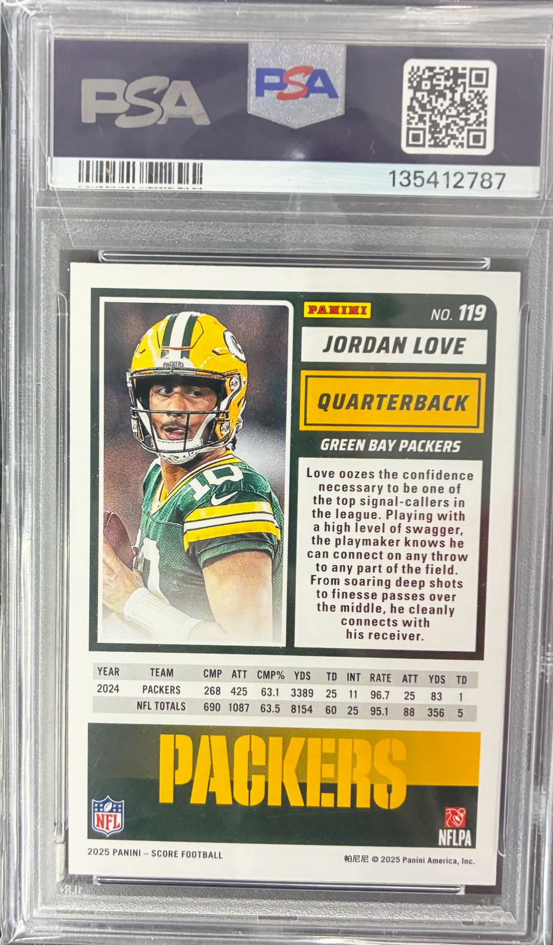 2025 Panini Score Football Jordan Love #119 Ellipse Parallel 392/399 PSA 9