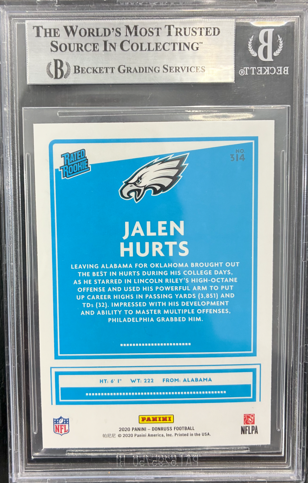 2020 Panini Donruss Football - Jalen Hurts Rated Rookie #314 - BGS 9