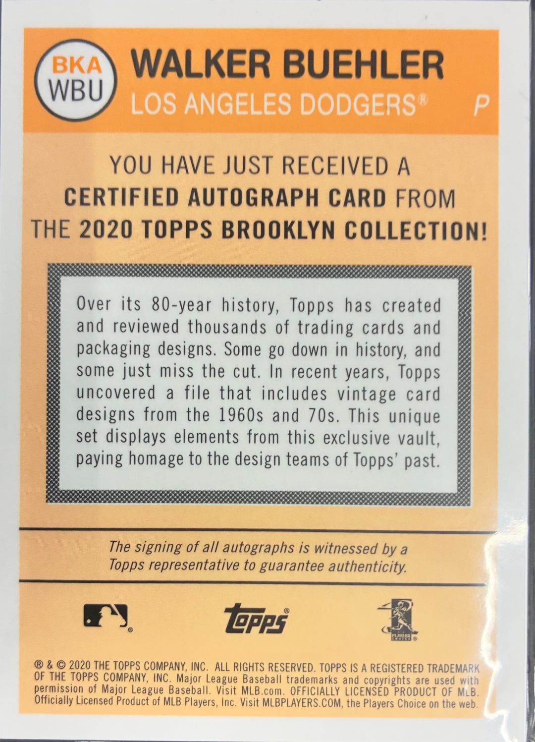 2020 Topps Brooklyn Collection Baseball - Walker Buehler Autograph Orange Parallel 01/20