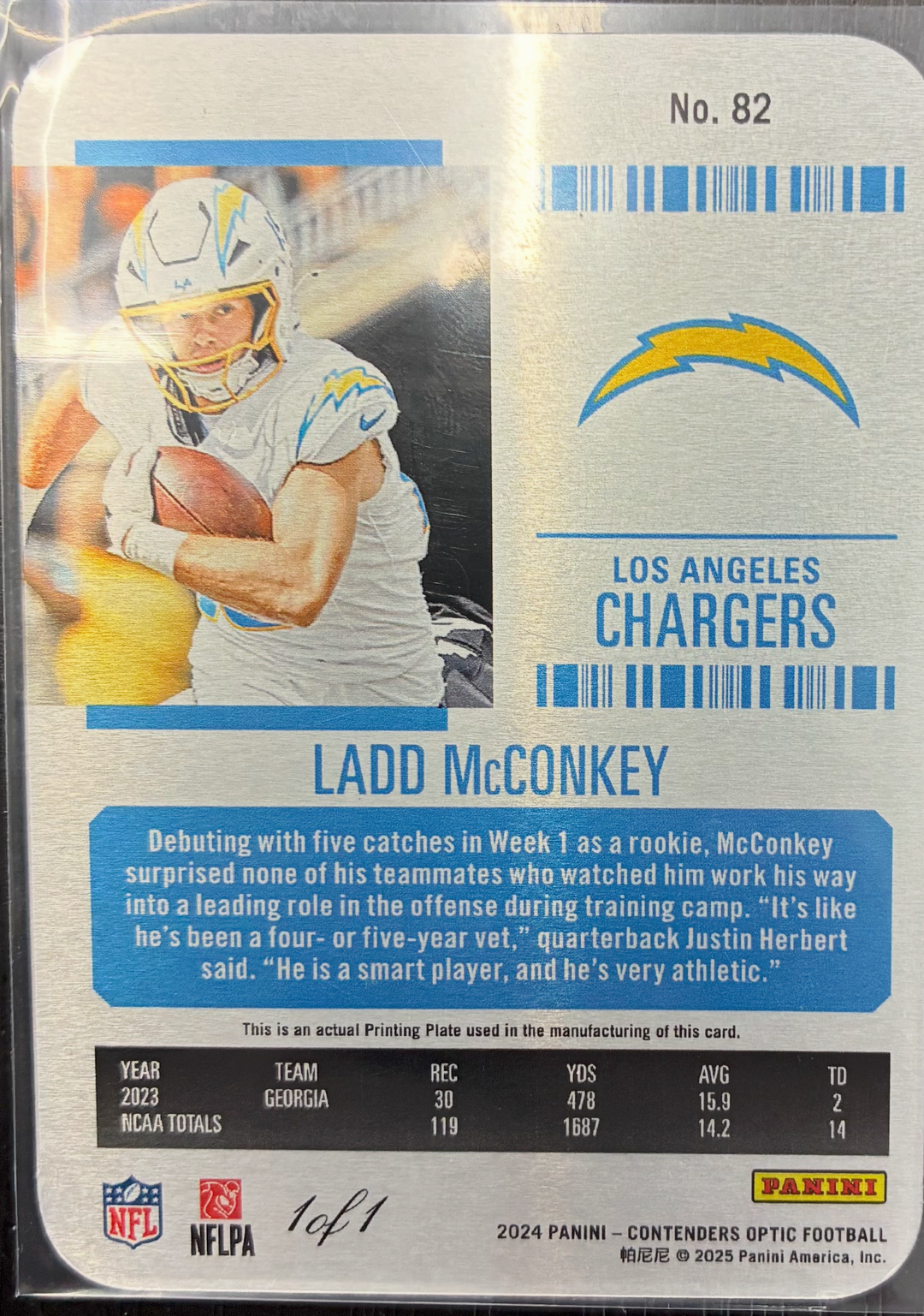 2024 Panini Contenders Optic Football - Ladd McConkey Printing Plate 1/1