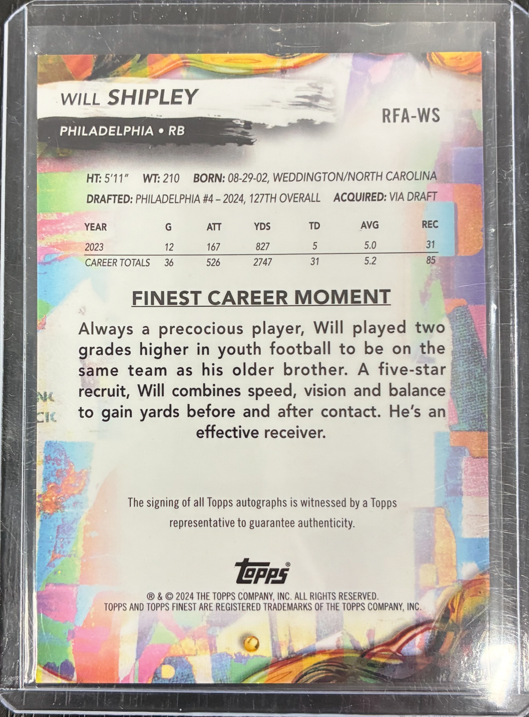 2024 Topps Finest Football - Will Shipley Rookie Autograph Black Parallel /10