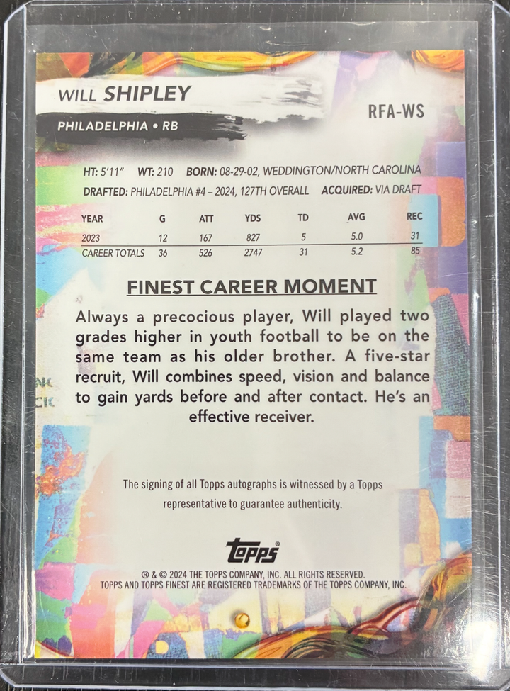 2024 Topps Finest Football - Will Shipley Rookie Autograph Black Parallel /10