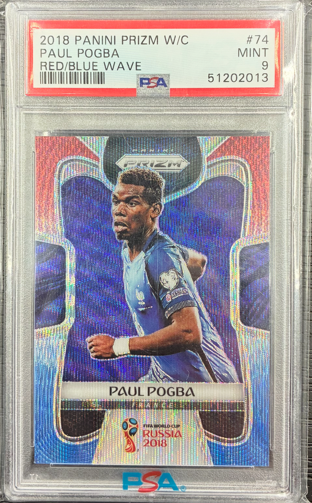 2018 Panini Prizm FIFA World Cup - Paul Pogba #74 - Red/Blue Wave - PSA 9
