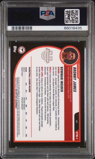 2023 Bowman U Chrome - Bronny James 07B1 - 2007-08 Bowman - PSA 10