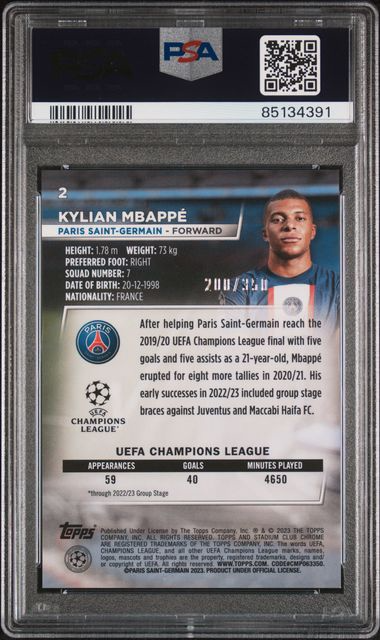 2022-23 Topps Stadium Club Chrome UEFA Club Competitions - Kylian Mbappe #2 - Black and White Prism 200/350 - PSA 10