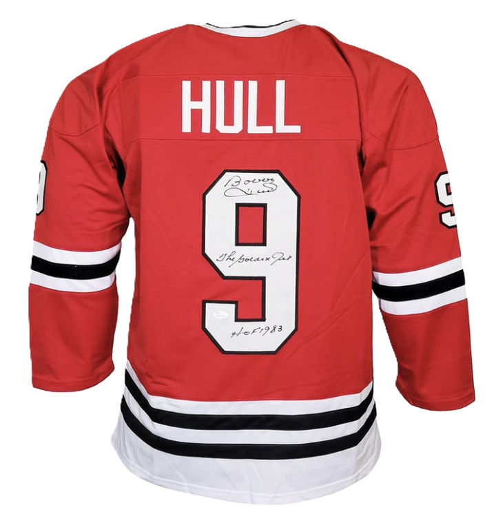 Bobby Hull Signed The Golden Jet HOF 83 Inscription Chicago Red Hockey Jersey (JSA)