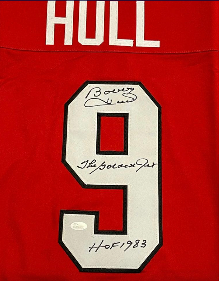 Bobby Hull Signed The Golden Jet HOF 83 Inscription Chicago Red Hockey Jersey (JSA)