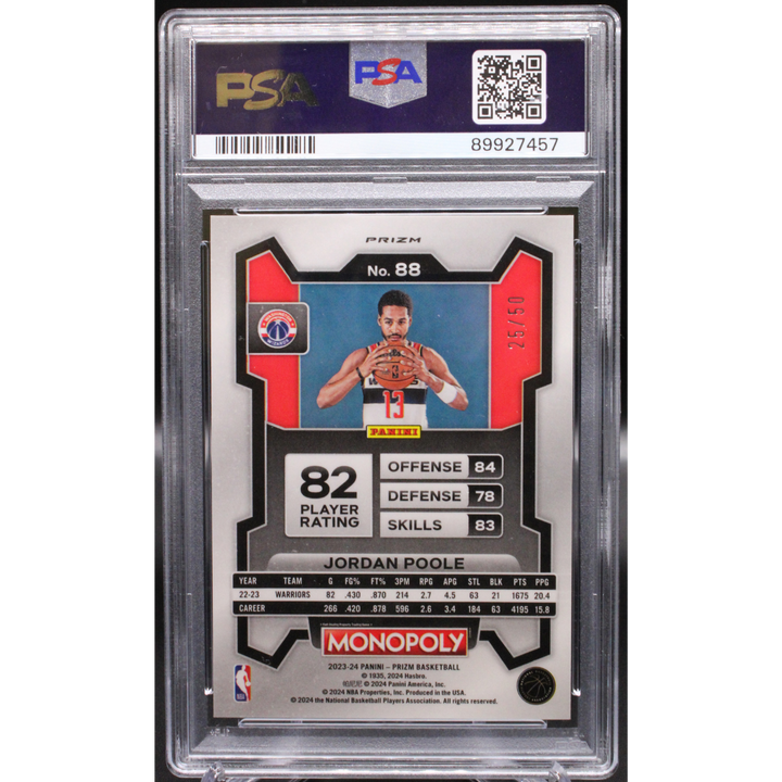 2023 Panini Prizm Monopoly - Jordan Poole 88 - Purple Millionaire Shimmer /50 - PSA 9