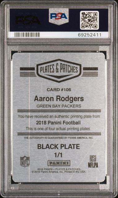 2018 Panini P & P - Aaron Rodgers 106 - Black Plate 1/1 Auto - PSA Authentic