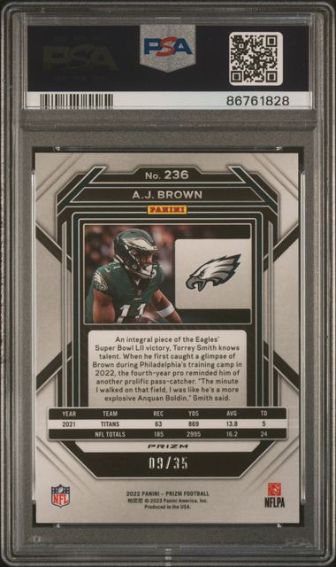 2023 Panini Prizm - AJ Brown 236 - No Huddle Purple /35 - PSA 8