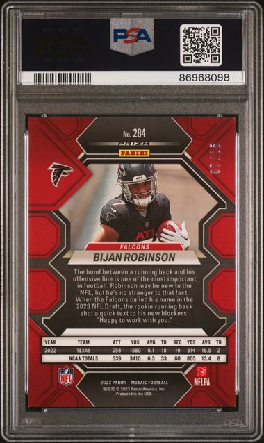 2023 Panini Mosaic - Bijan Robinson 284 - Blue Fluorescent /15 - PSA 8